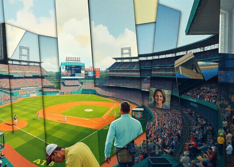 A cubist, geometric painting depicting a baseball game or match, with the players and field broken down into sharp, overlapping planes of color and shape, conveying the dynamic energy of the sport.