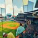 A cubist, geometric painting depicting a baseball game or match, with the players and field broken down into sharp, overlapping planes of color and shape, conveying the dynamic energy of the sport.