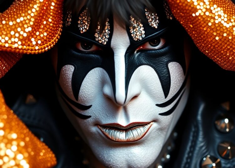 An abstract close-up photograph showcasing the luxurious textures and dramatic lighting of KISS-inspired makeup, costumes, and stage elements, capturing the glitz and glamour of the band's legendary performances.