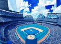A cubist, geometric painting depicting a fragmented baseball stadium and game, with sharp, overlapping planes in the Royals' official colors of royal blue, powder blue, and white, conceptually representing the multifaceted nature of the stadium deal.