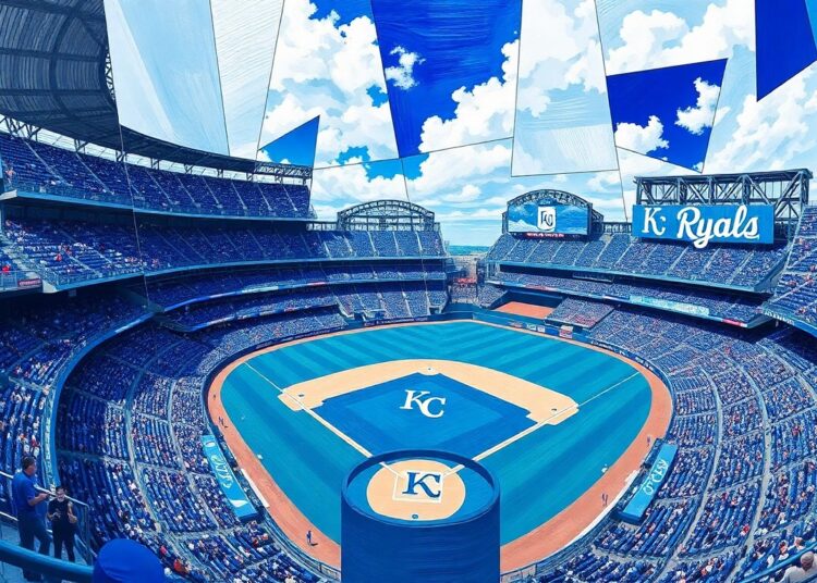 A cubist, geometric painting depicting a fragmented baseball stadium and game, with sharp, overlapping planes in the Royals' official colors of royal blue, powder blue, and white, conceptually representing the multifaceted nature of the stadium deal.