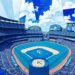 A cubist, geometric painting depicting a fragmented baseball stadium and game, with sharp, overlapping planes in the Royals' official colors of royal blue, powder blue, and white, conceptually representing the multifaceted nature of the stadium deal.
