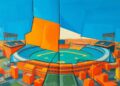 A fragmented, cubist-style painting featuring sharp, angular shapes and planes in shades of blue and orange, representing the various factors and perspectives involved in the proposed Kansas City Royals stadium project.