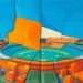 A fragmented, cubist-style painting featuring sharp, angular shapes and planes in shades of blue and orange, representing the various factors and perspectives involved in the proposed Kansas City Royals stadium project.