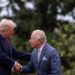 King Charles, right, President Donald Trump, left, shake hands during a State Visit arrival ceremony on the South Lawn of the White House, Tuesday, April 28, 2026, in Washington.
