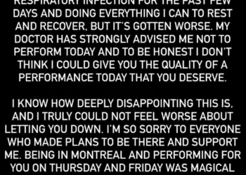 Apology message regarding a canceled performance due to illness.