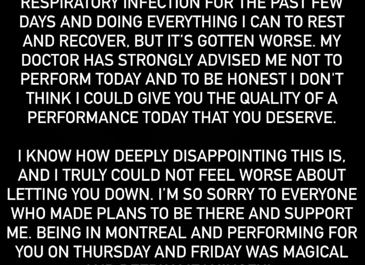 Apology message regarding a canceled performance due to illness.