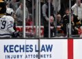 Nov 11, 2025; Boston, Massachusetts, USA; Boston Bruins defenseman Nikita Zadorov (91) and Toronto Maple Leafs left wing Sammy Blais (79) talk from the penalty box during the third period at the TD Garden. Mandatory Credit: Brian Fluharty-Imagn Images