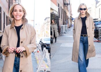 Leslie Bibb Styles Barbour Trenchcoat in New York City