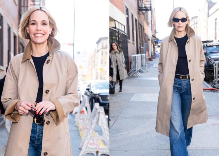 Leslie Bibb Styles Barbour Trenchcoat in New York City
