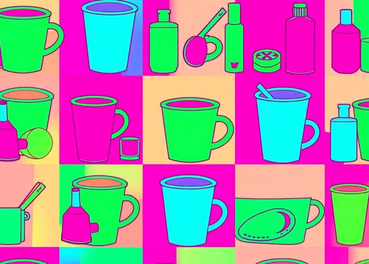 A brightly colored, high-contrast silkscreen print of a single, iconic lifestyle object such as a coffee cup or piece of clothing repeated in a tight grid pattern, conceptually representing the variety of community events and activities in the Long Beach and South Bay areas.