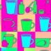 A brightly colored, high-contrast silkscreen print of a single, iconic lifestyle object such as a coffee cup or piece of clothing repeated in a tight grid pattern, conceptually representing the variety of community events and activities in the Long Beach and South Bay areas.