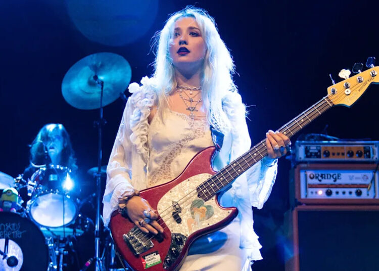 Phoebe Lunny of Lambrini Girls performs onstage during a concert at O2 Forum Kentish Town on November 19, 2025 in London, England.