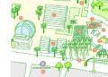 Illustration of an aerial view of an outdoor space with buildings, trees, cars and other LACMA art and architecture