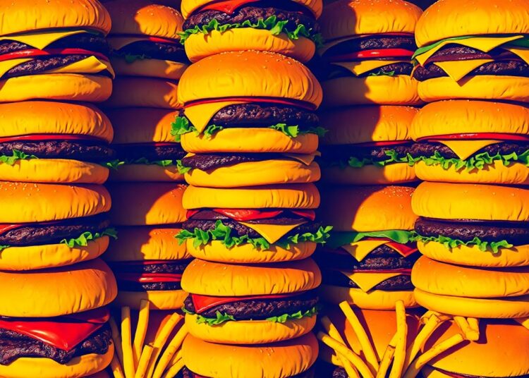 A bold, colorful silkscreen-style illustration featuring a repeating grid of hamburgers, french fries, and other fast food items, conceptually representing the diverse food service landscape in Memphis.