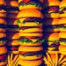 A bold, colorful silkscreen-style illustration featuring a repeating grid of hamburgers, french fries, and other fast food items, conceptually representing the diverse food service landscape in Memphis.