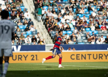 RSL midfielder Zavier Gozo (72) celebrates after the equalizing goal just before halftime on Sunday evening in Los Angeles. | Meagan Johnson, RSL