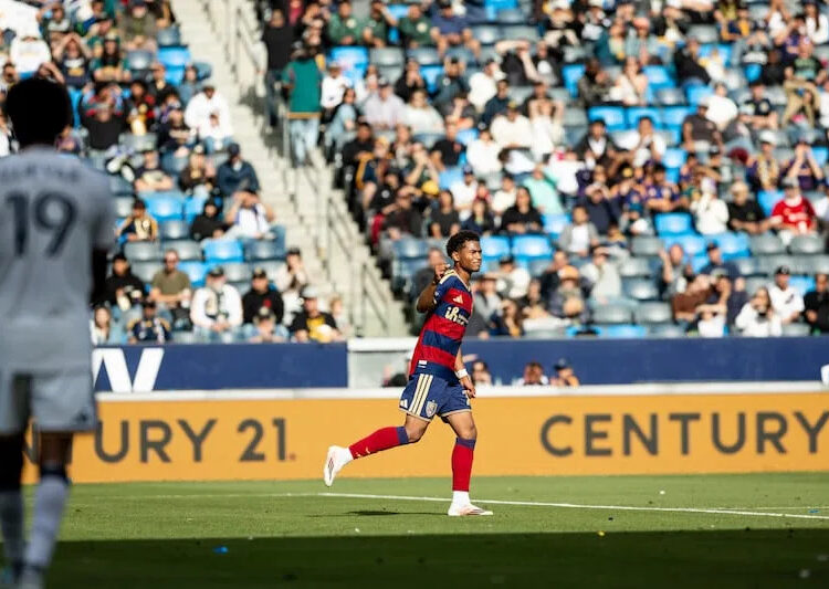 RSL midfielder Zavier Gozo (72) celebrates after the equalizing goal just before halftime on Sunday evening in Los Angeles. | Meagan Johnson, RSL