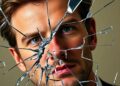 An abstract, high-contrast close-up image of shattered glass reflecting a blurred, distorted face, conveying a sense of damaged reputation and broken trust.
