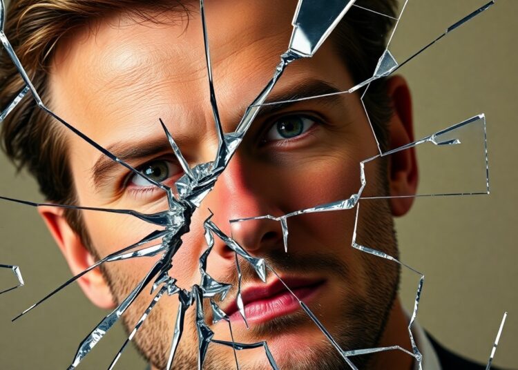 An abstract, high-contrast close-up image of shattered glass reflecting a blurred, distorted face, conveying a sense of damaged reputation and broken trust.