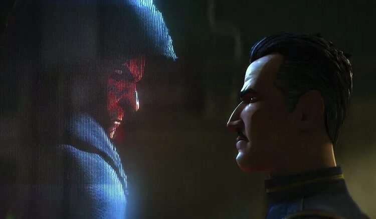 Brander Lawson studying a hologram of Maul in "Star Wars: Maul — Shadow Lord" (2026)