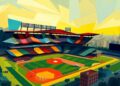 An abstract, fragmented painting depicting a baseball stadium in motion, with overlapping geometric shapes and bold, vibrant colors that convey a sense of energy and dynamism. The stadium is integrated into the surrounding cityscape, symbolizing the broader vision for the project.