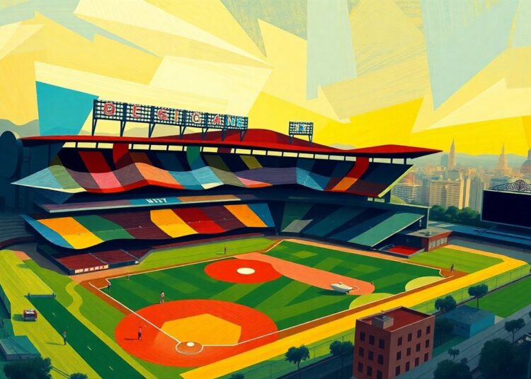 An abstract, fragmented painting depicting a baseball stadium in motion, with overlapping geometric shapes and bold, vibrant colors that convey a sense of energy and dynamism. The stadium is integrated into the surrounding cityscape, symbolizing the broader vision for the project.