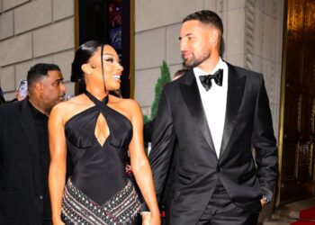 NEW YORK, NEW YORK - JULY 16: Megan Thee Stallion and Klay Thompson are seen on July 16, 2025 in New York City. (Photo by Raymond Hall/GC Images)