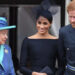 Queen Elizabeth II, Meghan Markle and Prince Harry watch the RAF100 flypast in 2018. By: James Whatling/MEGA