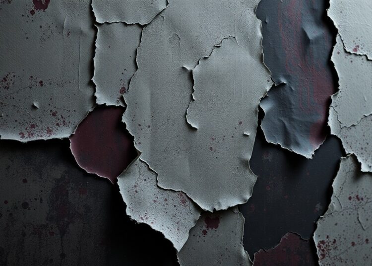 An extreme close-up of a cracked, peeling wallpaper texture in shades of gray, black, and muted red, creating a visually striking and eerie conceptual representation of the haunting atmosphere in Mitski's latest music video.