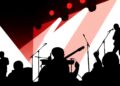 A striking abstract illustration using bold black shapes and bright colors to represent the energy and variety of live music events happening in Montgomery.