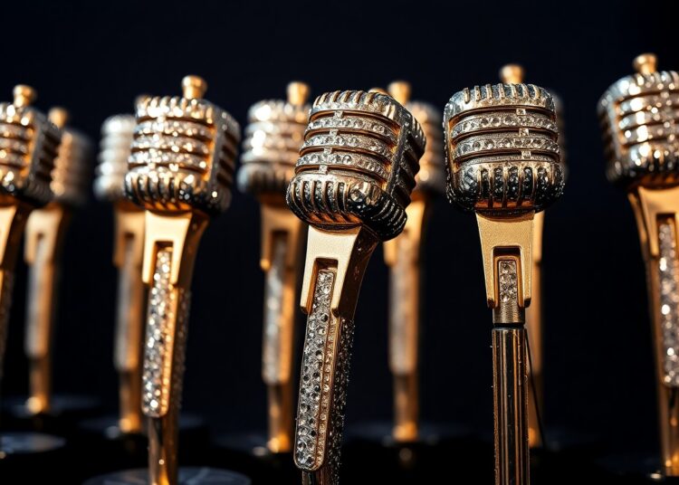 An extreme close-up photograph showcasing the luxurious textures of country music awards and microphones, capturing the high-fashion glamour of the genre's top artists.