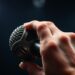 An extreme close-up of a hand holding a vintage microphone, the metal and fabric textures glittering under dramatic studio lighting, conceptually representing the multifaceted artistry of Lynn Tate.