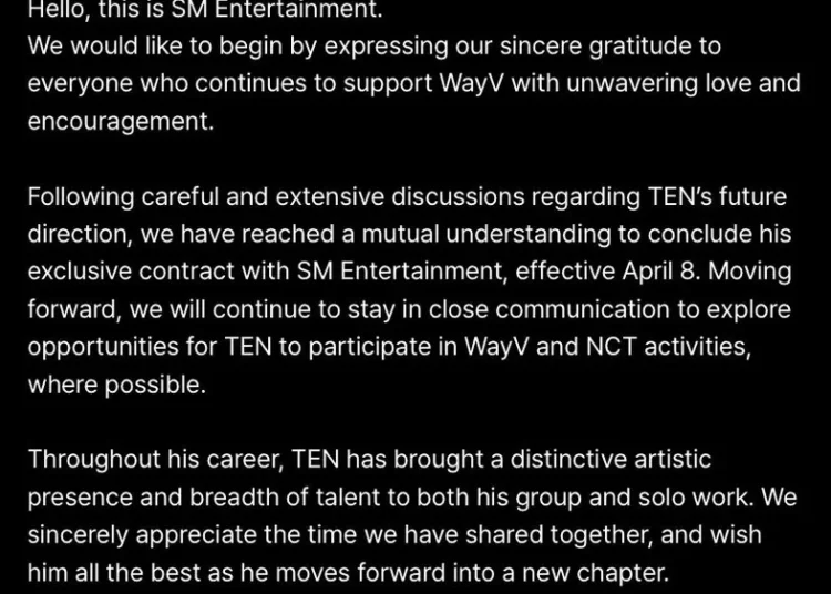 NCT's TEN parts ways with SM Entertainment, continues to stay with