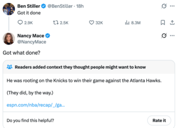 Rep. Nancy Mace (R-S.C.) replies to a post by Ben Stiller on Saturday.