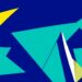 An abstract, minimalist illustration featuring sharp, angular shapes in deep blues, teals, and bright yellows, conveying the energy and dynamism of a new live music venue opening in downtown Green Bay.