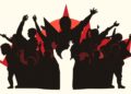 A striking abstract illustration using bold, geometric black shapes and splashes of red and white to convey the vibrant energy of a music festival.