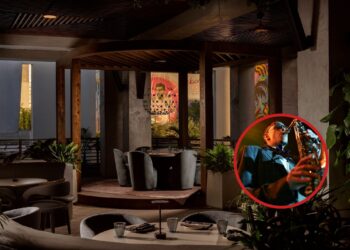 Collage of a Miami rooftop bar and a jazz musician