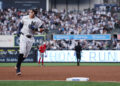 NEW YORK, NEW YORK - APRIL 15: Aaron Judge #99 of the New York Yankees rounds the bases after hitting a solo home run during the first inning of the game against the Los Angeles Angels at Yankee Stadium on April 15, 2026 in New York City. All players are wearing the number 42 in honor of Jackie Robinson Day. (Photo by Dustin Satloff/Getty Images)