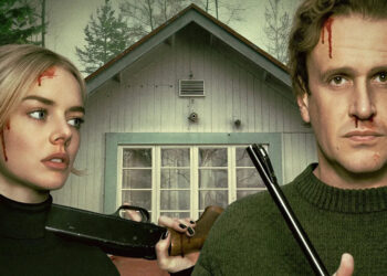 Samara Weaving and Jason Segel on the poster for
