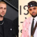 Justin Bieber in a black suit with a necklace on the left, and Chris Brown in a pink jacket, white shirt, and cap on the right.