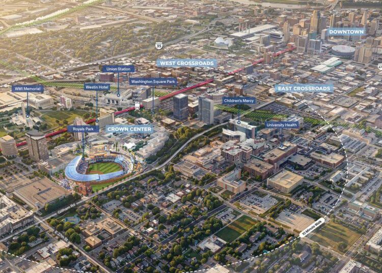 Renderings the Royals shared on April 22, 2026. Our Lady of Sorrows church is visible to the southeast of home plate.