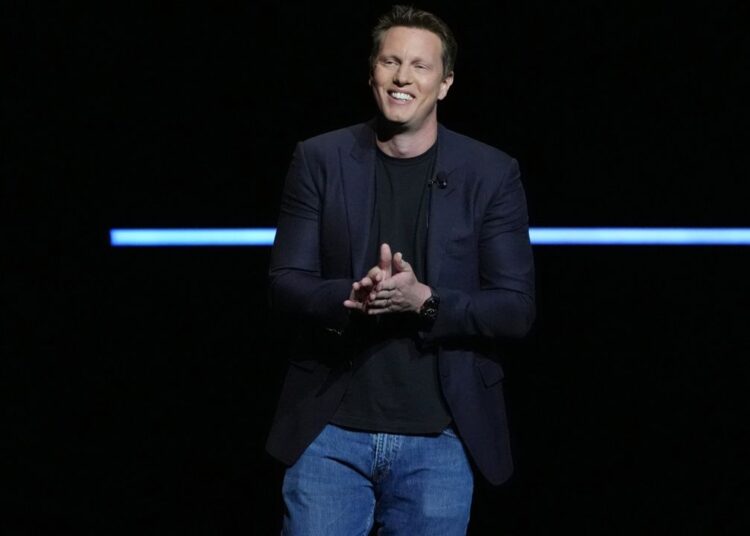 David Ellison, CEO of Paramount Skydance, speaks during the Paramount Pictures presentation at CinemaCon on Thursday at Caesars Palace in Las Vegas. (AP Photo/Chris Pizzello)