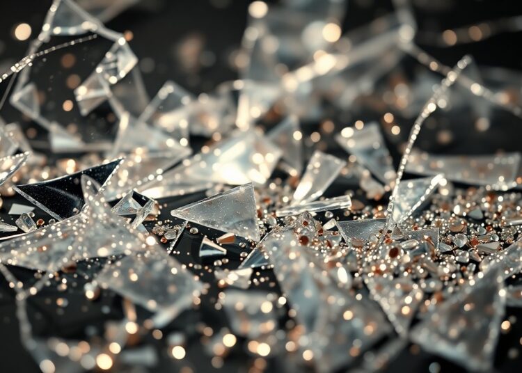 An extreme close-up photograph of shattered glass and glittering sequins, capturing the tension between the film's glamorous aesthetic and the sensitive topic of school shootings.