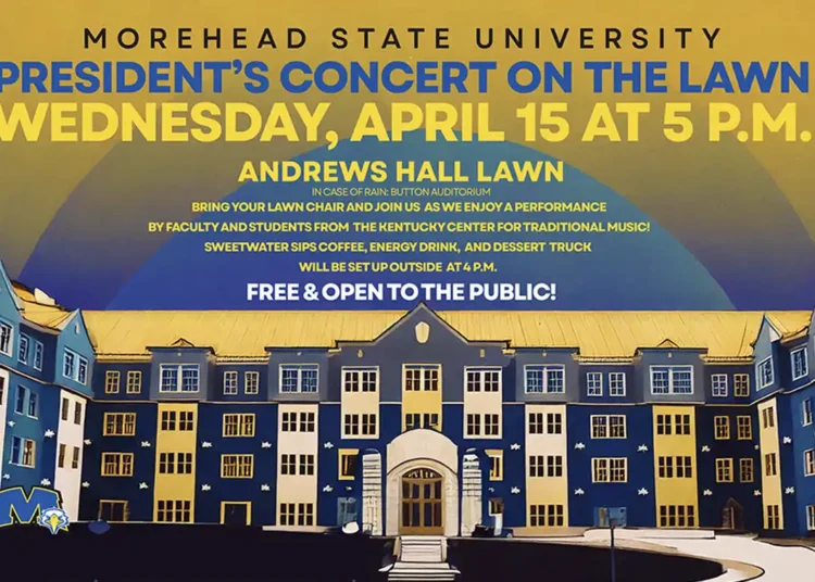 illustration of andrews hall with sun rays over head and concert time and info