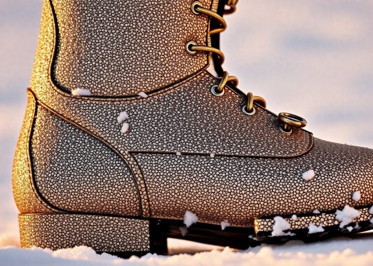 An extreme close-up photograph of a luxurious, glittering ski boot, capturing the high-end, glamorous aesthetic of a private ski resort through dramatic studio lighting and abstract texture.
