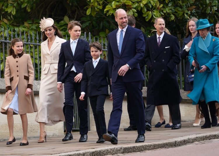 PHOTO: Britain's Princess Charlotte, from left, Kate, the Princess of Wales, Prince George, Prince Louis, William, the Prince of Wales, Prince Edward and Princess Anne attend Easter Matins at St. George's Chapel in Windsor, U.K., on April 5, 2026.