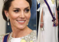The Princess of Wales often honors royal tradition by wearing the Queen Mary Lover’s Knot Tiara, seen here paired with a caped Jenny Packham gown.