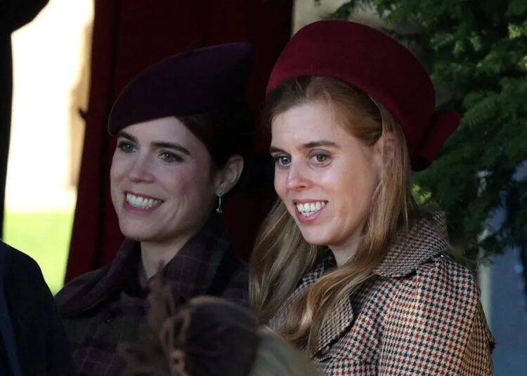 Britain's Princess Beatrice and Princess Eugenie leave after attending the royal family's Christmas Day service at St. Mary Magdalene's Church, as the royals take residence at the Sandringham estate in eastern England, Dec. 25, 2025.