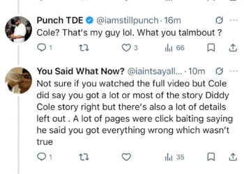 A Twitter conversation discussing J. Cole and Punch TDE, with users debating a story involving Diddy.